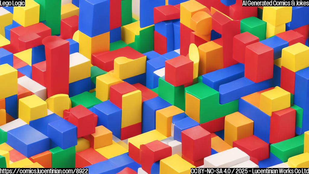 A very tall, blocky cartoon man made of colorful toy building blocks stands in a classroom. A smaller, human-like cartoon teacher with a stern expression points a finger at him. The background is a simple blue wall. Style is plain color cartoon.