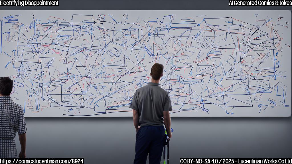 Describe a cartoon-style image of a large, box-like electronic device with flashing lights and buttons, sitting in front of a whiteboard filled with lines marked for a tennis match. The device should have a frazzled, worried expression on its screen, while the umpire looks on in the background with an annoyed expression.