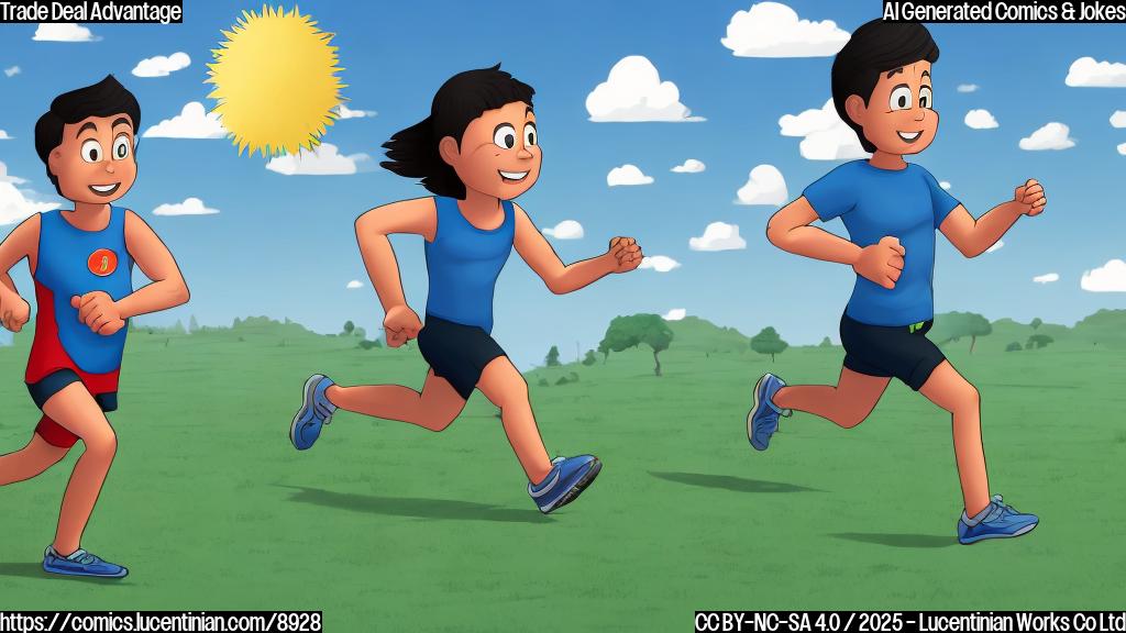 Plain color cartoon style, a finish line with two runners. One runner, representing a generic Southeast Asian country, is already crossing the finish line with a smile. The other runner, representing a generic regional rival, is far behind, looking frustrated. The background is a simple blue sky.
