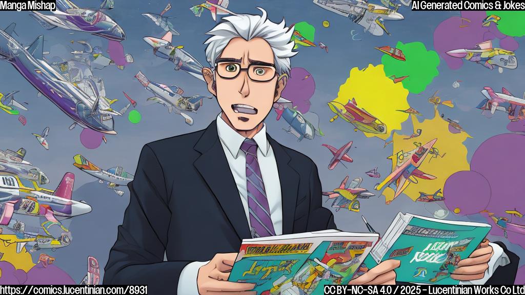 A cartoon image depicting a stressed-looking airline CEO with messy gray hair, wearing a suit, frantically reading a brightly colored manga comic book. In the background, stylized airplanes are flying erratically. The overall color scheme is pastel and slightly chaotic.