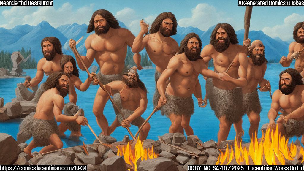 A simple, cartoon-style image of a group of cavemen with large brow ridges stirring a giant pot over a fire near a calm blue lake. The pot is filled with bones, and steam is rising from it. The scene is set against a plain beige background.