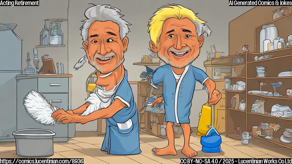 A cartoon image of a middle-aged man with slightly messy hair wearing a bathrobe and slippers. He is happily holding a feather duster and smiling, surrounded by cleaning supplies in a bright, minimalist kitchen. In the background, a framed golden statue is prominently displayed on a shelf. The style should be simple, with plain colors and thick outlines, resembling a newspaper comic.