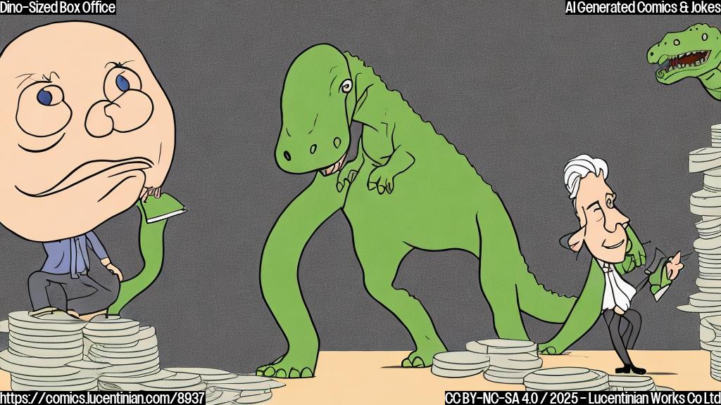 A simple, plain color cartoon drawing depicting a movie studio executive with a worried expression looking at a giant dinosaur footprint on a stack of money.