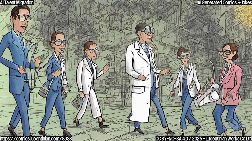 A plain color cartoon style image of four scientist figures with glasses walking from a building labeled "Open AI" to a building labeled "Meta". The figures are holding large bags with dollar signs on them.