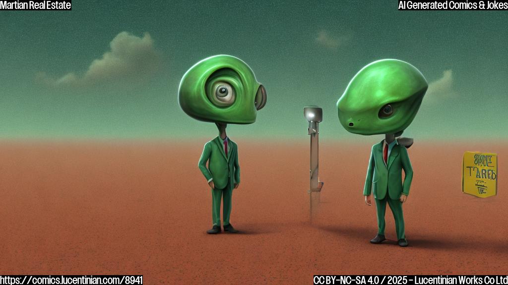 A plain color cartoon style image of a small green alien wearing a realtor's suit standing next to a desolate, red landscape with a "For Sale" sign barely visible due to a dust storm. The alien looks dejected.