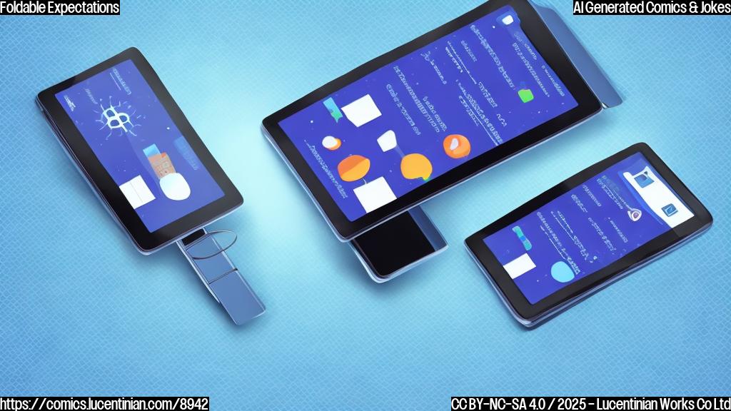 A worried looking cartoon-style foldable phone with a blue screen and a silver hinge, sweating nervously. The background is a plain light blue.