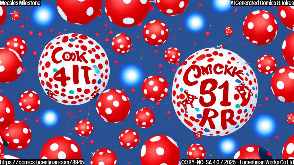 Cartoon style image of multiple red dots with white centers (representing measles) wearing party hats and dancing. A banner above them reads "Comeback Party!". The background is a plain blue color.