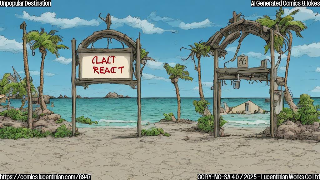 A cartoon style plain colored image depicting a beautiful, empty beach resort with a single closed sign hanging on the entrance gate. The colors should be bright and cheerful, but the overall feeling should be lonely and desolate.