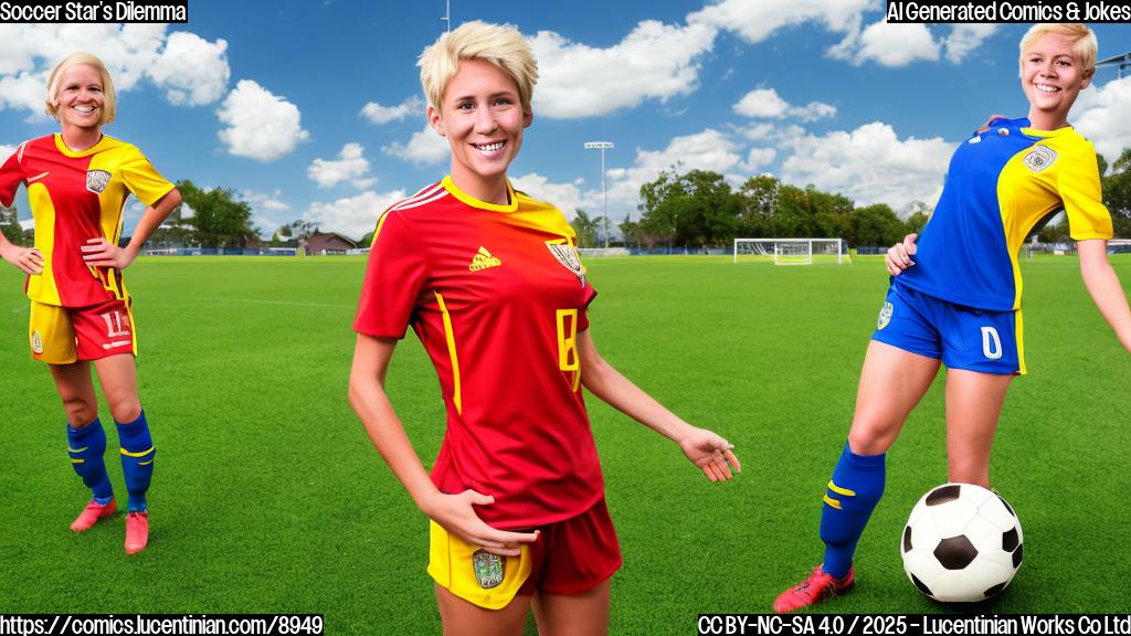 A cartoon-style image of a smiling female soccer player with short blond hair, wearing a red and yellow soccer uniform. She is holding a large ladder that is comically too big for her. The background is a green soccer field under a bright blue sky with fluffy white clouds.