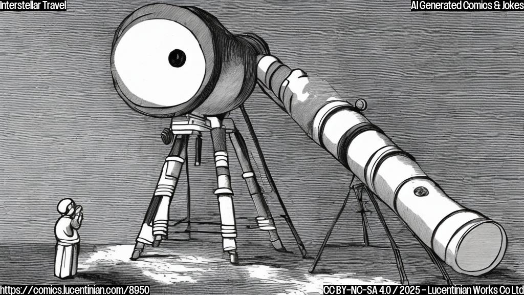 Cartoon drawing of a telescope looking at a small, slightly glowing object in space. The object has a sad face.