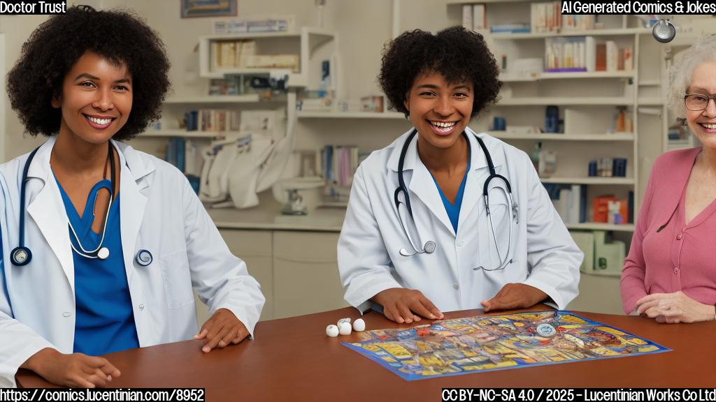 A cartoon-style image of a doctor with a stethoscope and a patient with a board game, both smiling in a plain colored room.