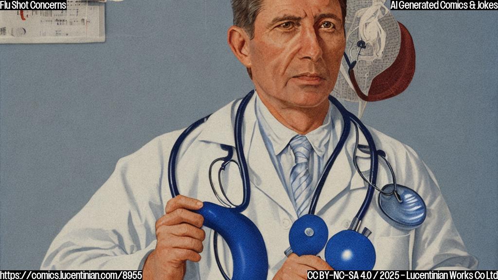 A worried looking health official with a stethoscope around their neck standing in front of a large needle filled with a questionable blue liquid. The background is a sterile white with faint question marks floating around. Cartoon style, plain colors.