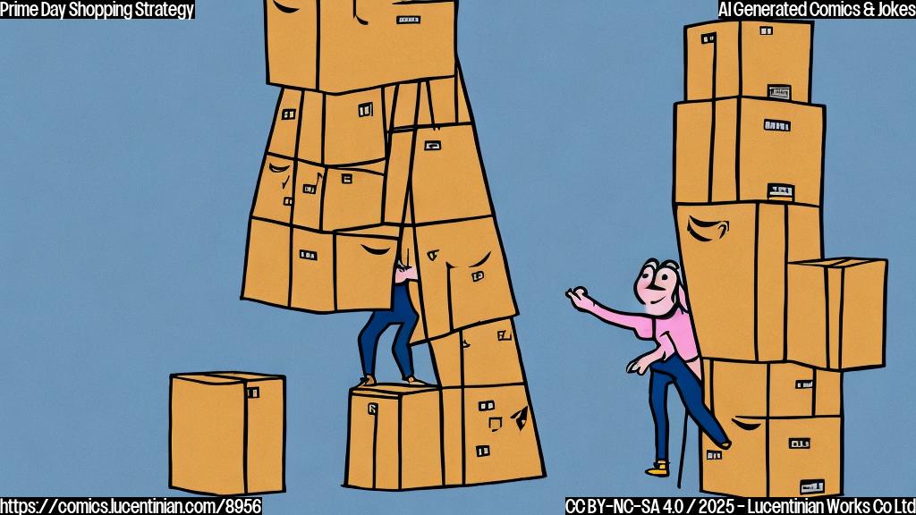 A cartoon drawing of a person struggling to climb a giant stack of Amazon boxes using a ladder, with a confused expression on their face. The background is a plain light blue color.