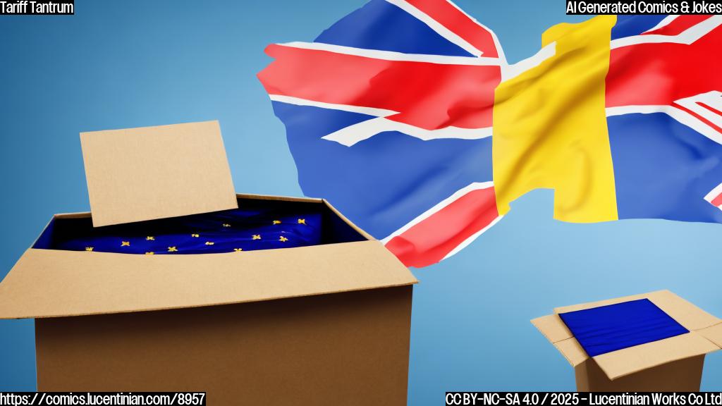 a cartoon of a worried-looking box with a European flag on it, sweating nervously, against a plain blue background.