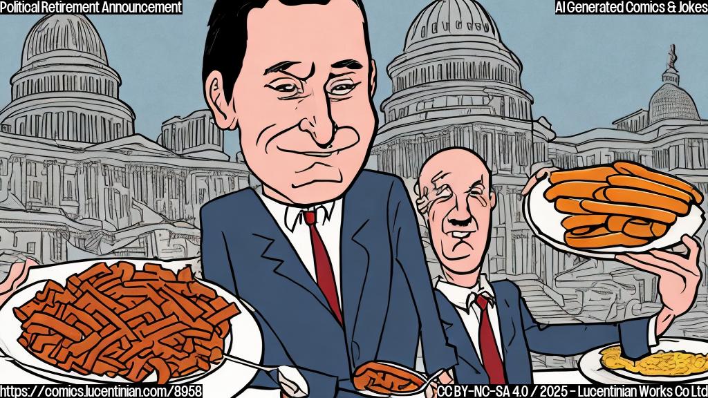 Cartoon illustration of a man in a suit labeled "Centrist Politician" looking weary and pushing away a plate piled high with sausages. The background is a simplified depiction of the US Capitol Building in plain colors.
