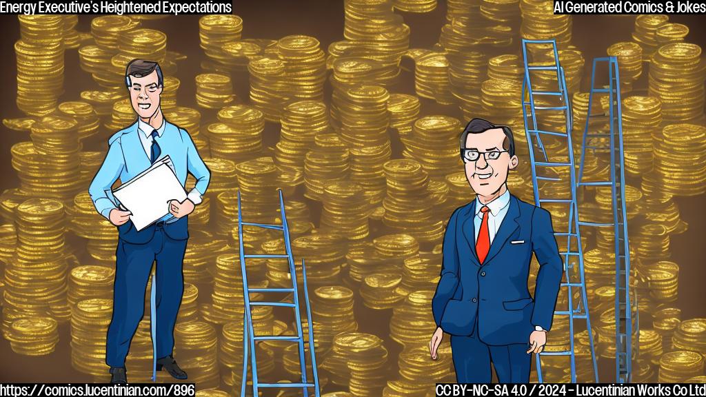 Draw a cartoon style picture of an energy executive standing in front of a stock market ticker, with a ladder leaning against the wall behind him. The ladder should be adorned with dollar signs and oil cans. The energy executive should have a determined look on his face and a briefcase in one hand.