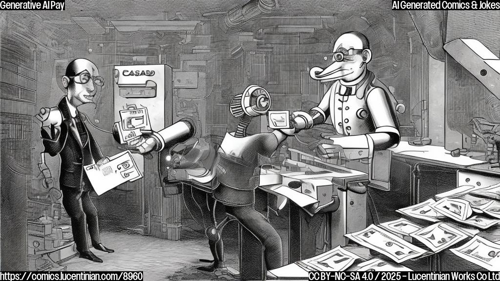 A plain color cartoon style picture of a robotic arm handing a stack of cash to a surprised looking engineer with glasses and a pocket protector.