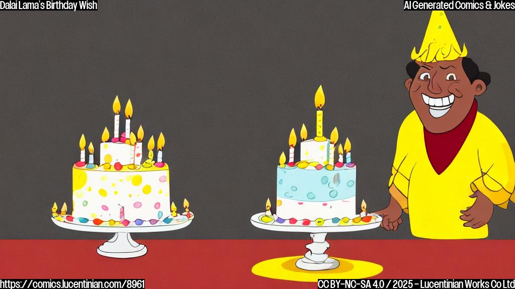 A light yellow background with a simple cartoon drawing of a birthday cake with a single bright yellow candle on top. A laughing spiritual leader in orange and maroon robes looking at the cake with pure joy. The background is clean and minimalistic.
