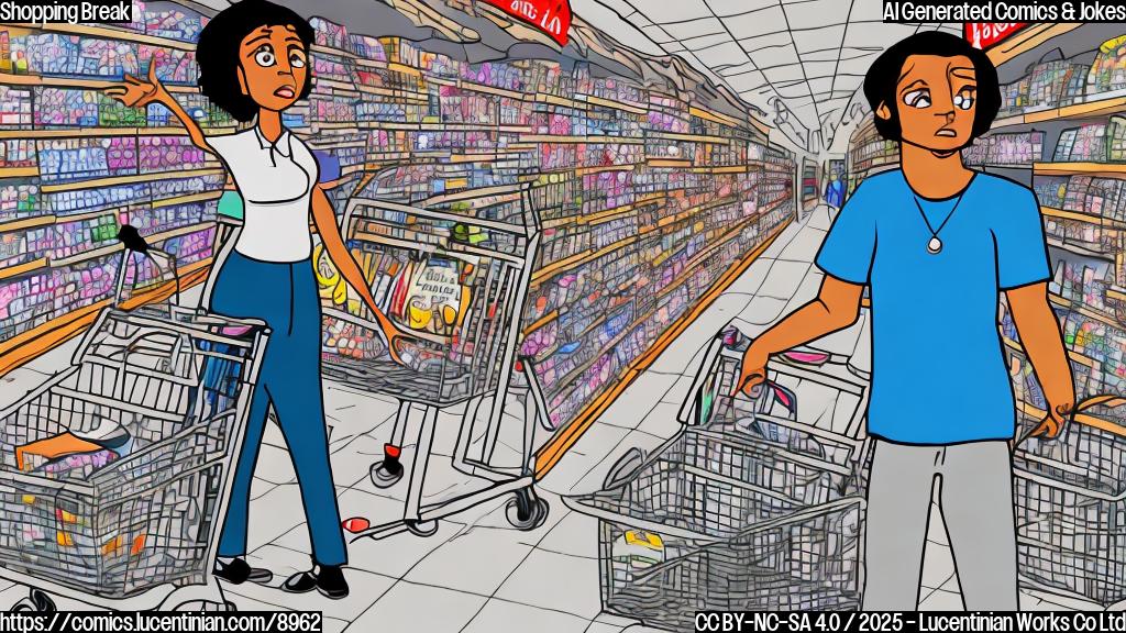 A simple cartoon image of a confused looking person with star-patterned clothes standing in a grocery store aisle filled with shopping carts. The background is a plain light blue color. They are looking at their watch with a concerned expression.