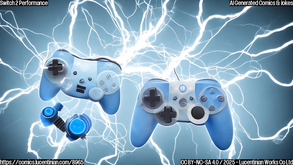 A light blue cartoon style image showing a game controller morphing into a power outlet, with sparks of electricity flying around it. The background is plain light blue.