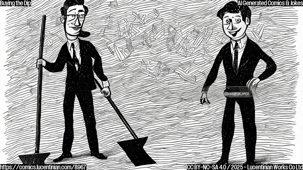 Cartoon style drawing of a person with a briefcase and a shovel, standing next to a graph that is sharply declining. The person looks excited and is preparing to dig.