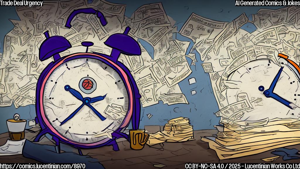 A cartoon depicting a piece of paper representing a trade deal sweating profusely, with a large clock ticking menacingly in the background. The piece of paper has a worried expression and is being squeezed by a giant hand labeled "deadline". The overall style should be simple, colorful, and slightly humorous.