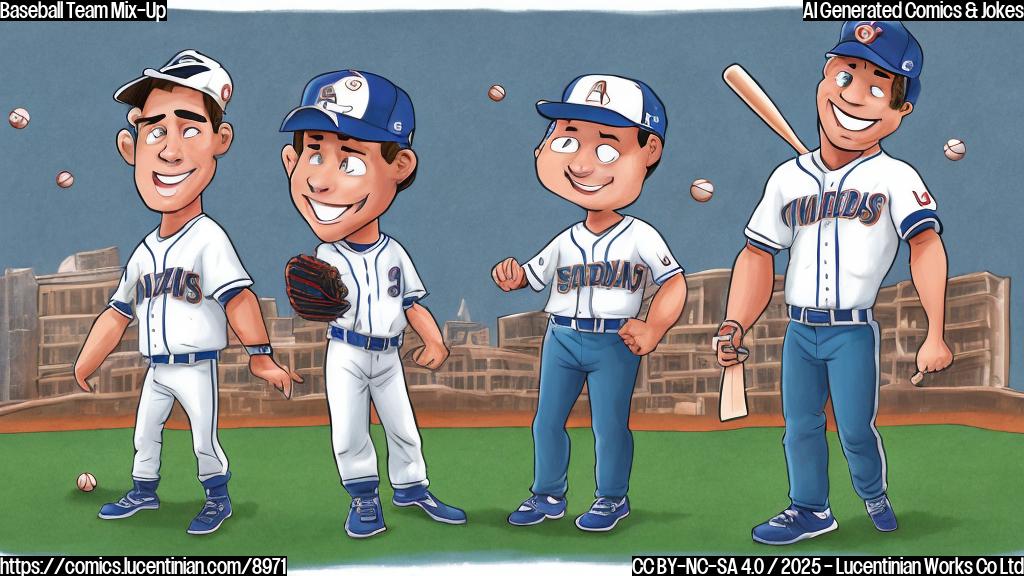 A cartoon drawing of two baseball teams on a field, one team looking confused and holding large encyclopedias, the other team smiling confidently. The background is a plain light blue color.