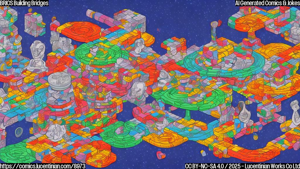 Cartoon style image depicting five abstract figures, each representing a BRICS nation, collaboratively building a long, colourful bridge across a wide chasm filled with money bags. A grumpy figure representing imposing tariffs with a red sign in its hand stands far away. The sky is filled with swirling clouds representing global uncertainty.