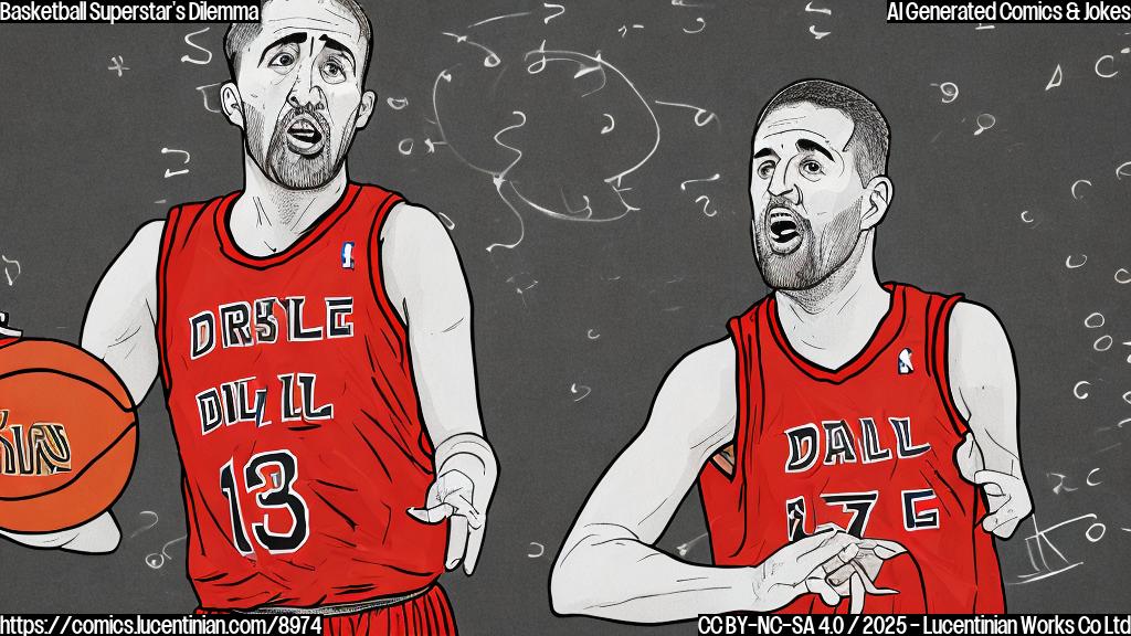 A plain color cartoon style image of a 34-year-old basketball player with a confused expression, dribbling a basketball. Speech bubble above him showing question marks.