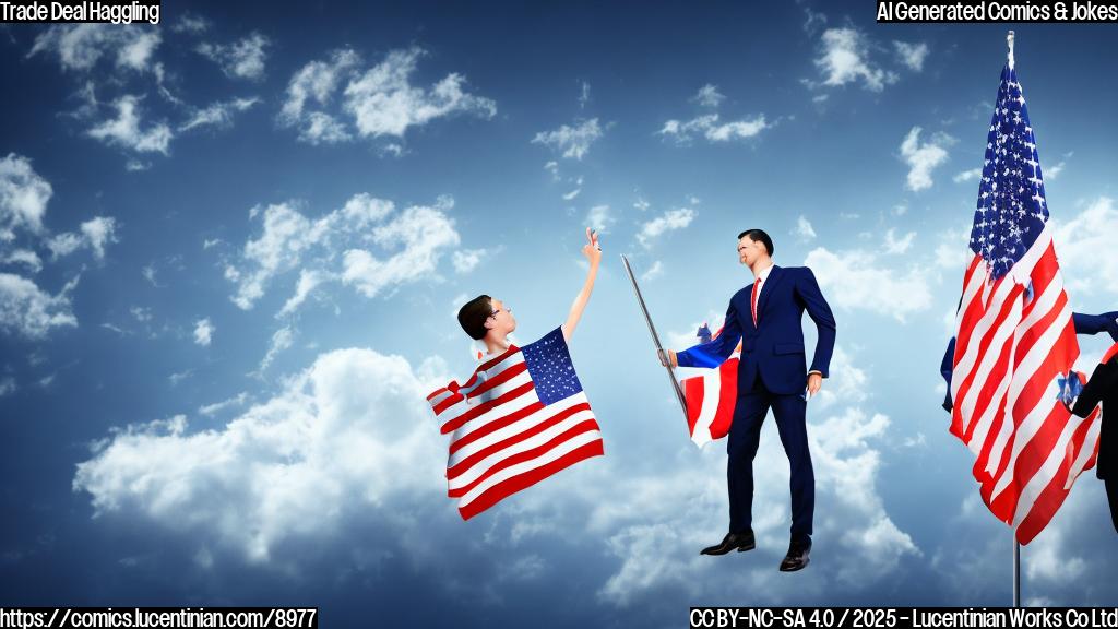 A cartoon image of two people in business suits, one with the U.S. flag and the other with the EU flag, standing on opposite sides of a tall ladder that reaches into the clouds. One person is climbing the ladder with a briefcase in hand, reaching for a document labeled "Trade Deal" floating near the clouds. The scene is bright and colorful, in a simple cartoon style.
