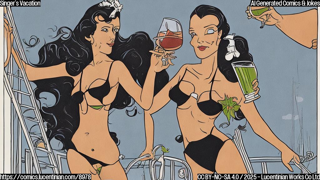 Cartoon illustration, plain color background, a woman with long dark hair wearing a black bikini on a yacht, reaching for a glass of juice placed high, a ladder near her