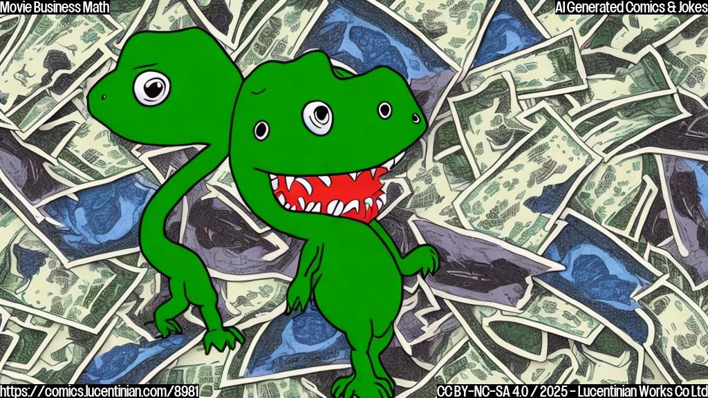 Cartoon style, plain background: A green dinosaur wearing a suit, looking confused at a pile of money with small blue aliens and a doll stuck to it.