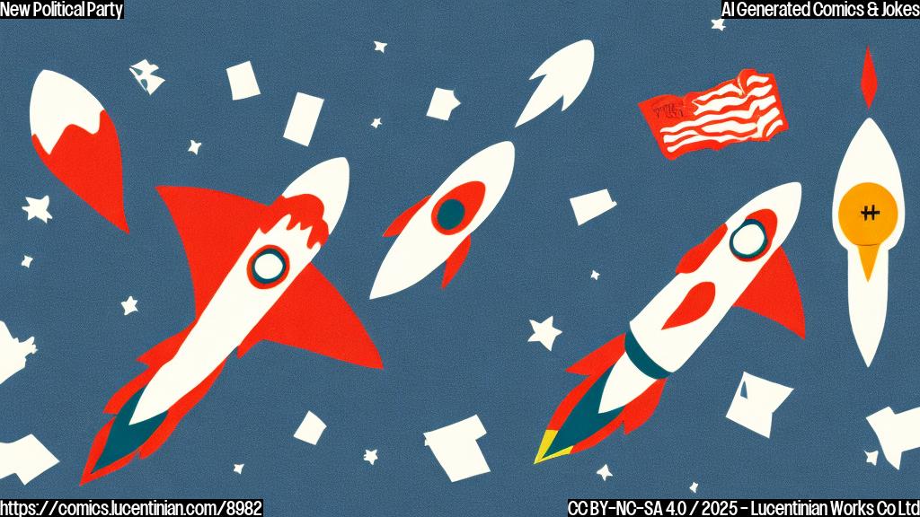 A simple cartoon image with a plain blue background. In the center, a crudely drawn rocket ship with a dollar sign on its side is blasting off from a platform made of oversized ballot boxes. Small stick figures with briefcases watch the launch, some looking excited, others confused.