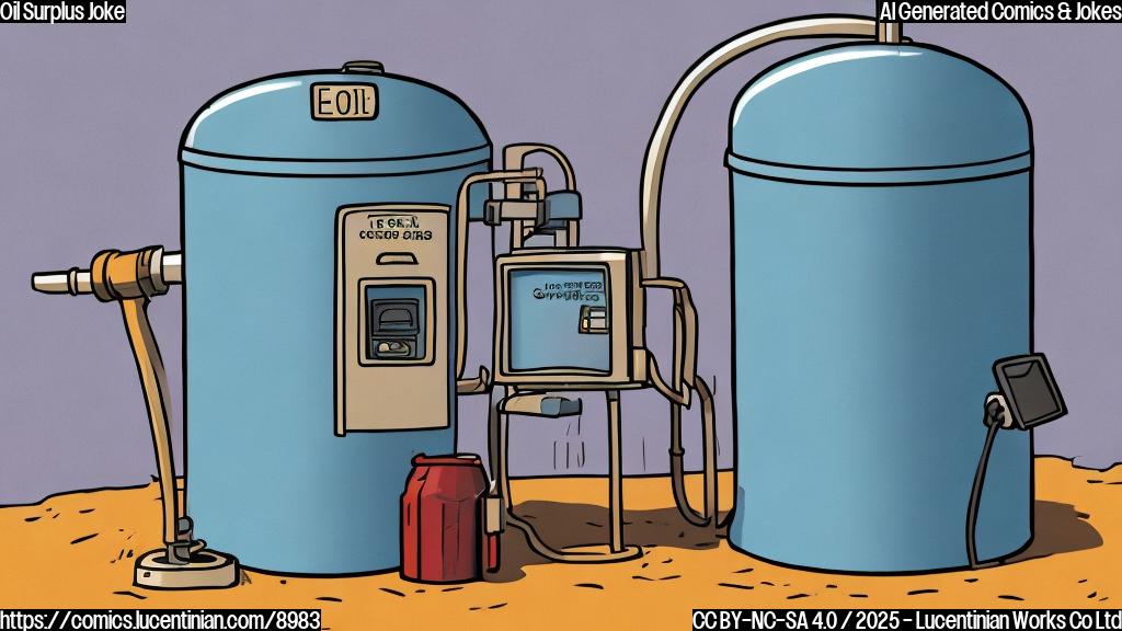 Cartoon image of an oil barrel sadly walking away from a gas pump. The barrel has a tear rolling down its side. The gas pump has a surprised expression. The background is plain light blue.