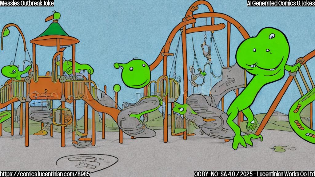 A simple, cartoon style drawing of a green germ with tiny arms and legs skipping across a playground with a swing set and slide. The germ is smiling mischievously. The playground background is a plain light blue color.