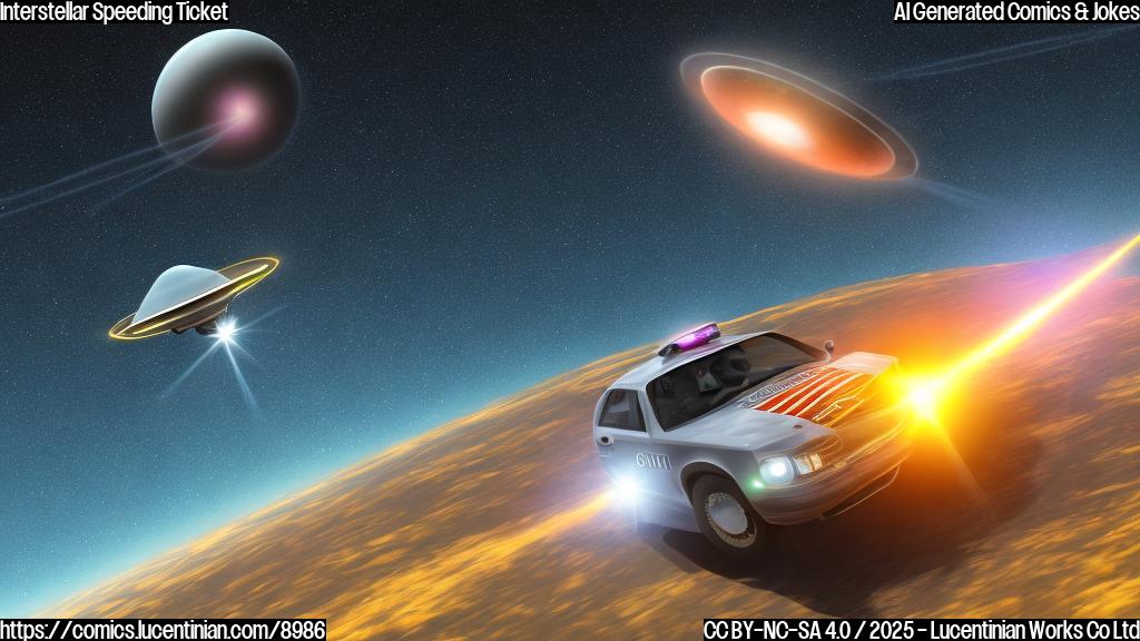A large, bright, unidentified flying object zipping past Earth, leaving a trail of sparkling dust. A tiny police car with flashing lights attempts to pursue it. Cartoon style, plain background.