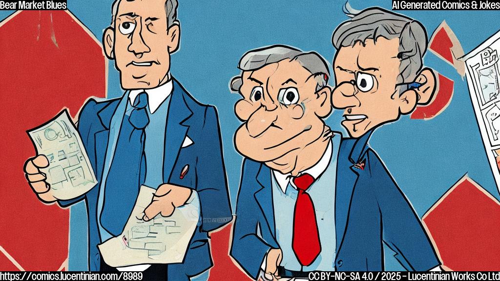 a sad-looking cartoon investor in a blue suit standing next to a downward-pointing arrow graph in red, plain color cartoon style