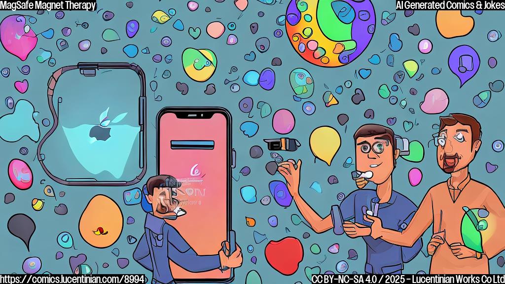 Illustration of two iPhone 17 Pro and iPhone 17 Pro Max phones with relocated Apple logo and redesigned MagSafe magnet array, surrounded by thought bubbles with magnets and hearts, in a cartoon style. Include a therapist character (humanoid figure) in the background, gesturing to the phones to convey the therapy session.