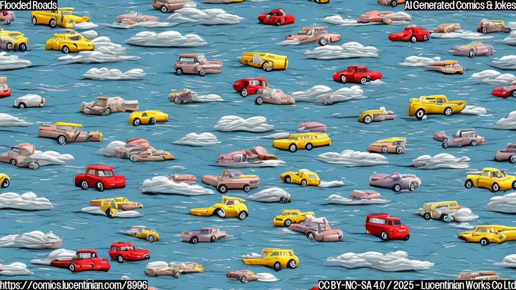 A cartoon image of a flooded highway with cartoon cars floating on top, the sky is cloudy and gray. The style is plain color cartoon.