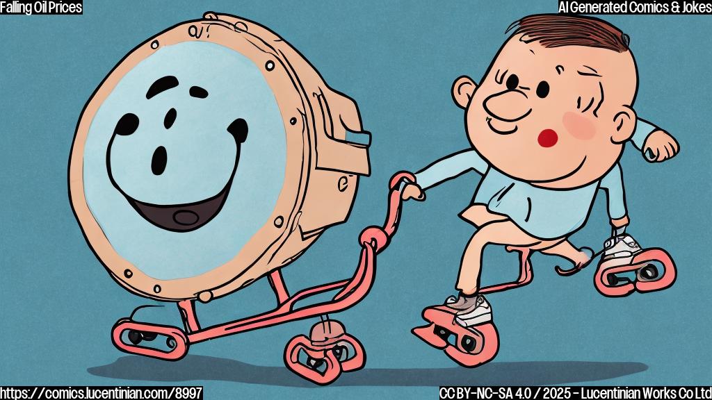 Cartoon of an oil barrel with a sad face wearing roller skates going downhill on a ramp. The background is a plain light blue color.
