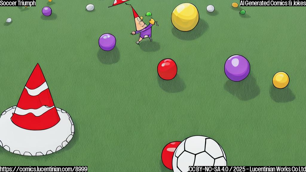 A plain color cartoon style picture of a soccer ball wearing a tiny party hat, bouncing happily on a green field.