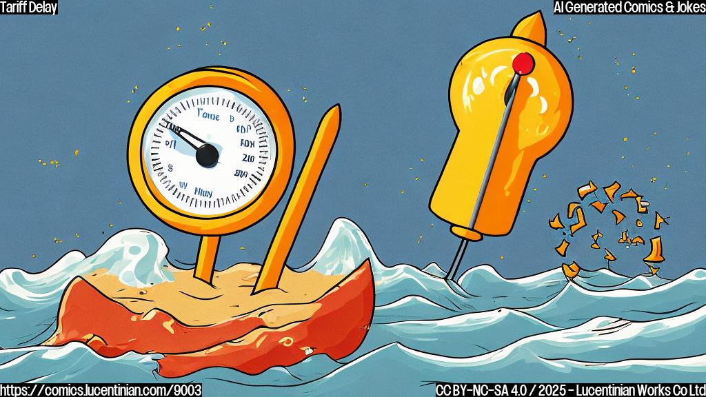 Cartoon image of a thermometer lying on a beach, with the mercury level indicating extreme heat. A calendar nearby shows the month of July, with a sad face drawn on it. In the distance, a large wave labeled "Tariffs" is approaching, with the month of August written on the wave. The style is simple and colorful, like a children's book illustration.