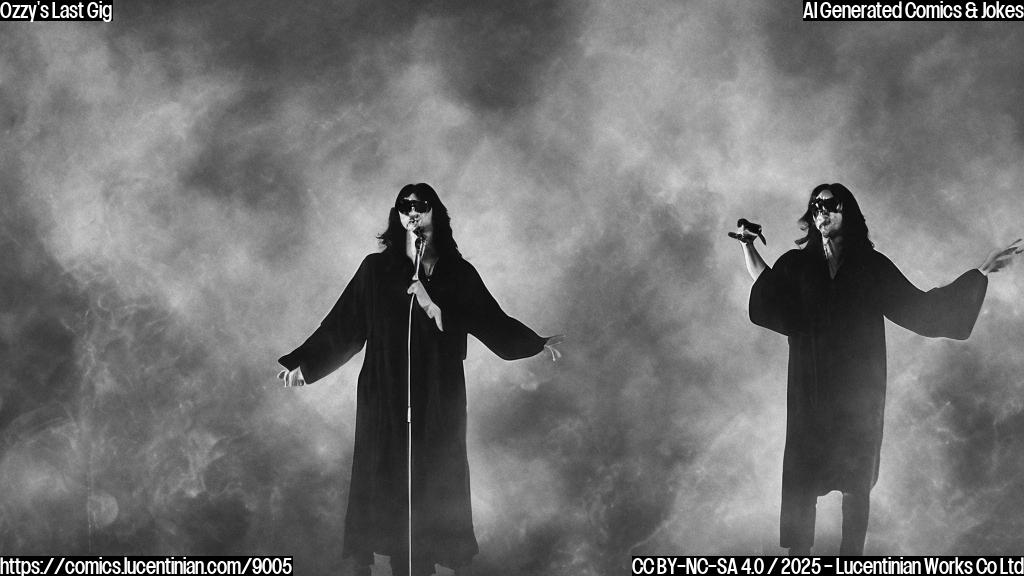 Cartoon style image of a lead singer with long dark hair wearing round glasses and a dark robe on a stage with smoke and lights. He is holding a microphone stand. A huge crowd is visible in the background as silhouettes.