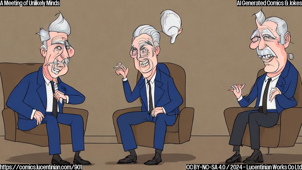 A stylized cartoon of two older men, one wearing a suit and tie with a hint of grey hair, sitting on a couch-like chair behind a large desk. The man in the suit has a kind smile and a few wisps of grey hair, while the other has a more rugged look, with some white hair combed over his head. Both have similar facial expressions indicating respect and camaraderie despite their differences. The background is neutral, possibly light beige or gray.