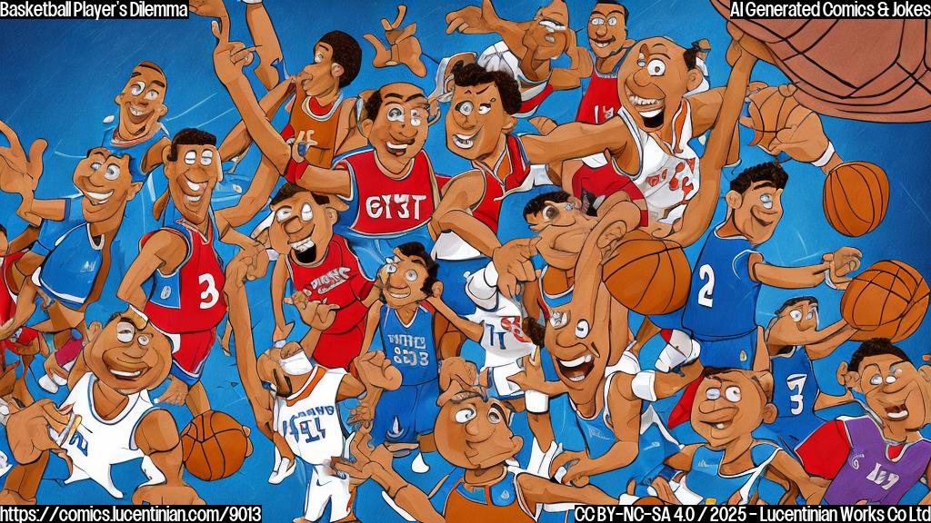 A cartoon drawing of a basketball player with a determined expression, carrying a comically large ladder towards a table where a group of suited figures are seated, looking perplexed. The scene is in a brightly lit, modern office setting. The color palette is simple and vibrant.