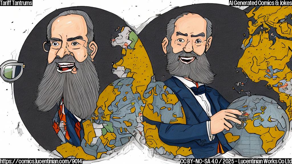 a plain color cartoon style picture, a smiling man with grey beard wearing a suit holding a magnifying glass over a world map, another frowning man with orange face and messy yellow hair in a blue suit standing next to him, looking angry