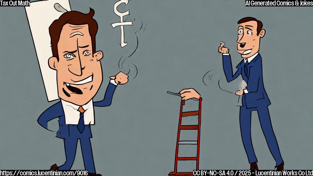 A cartoon style image of an accountant in a business suit carrying a large ladder towards a building with "Tax Cuts" written on the door, with a slightly bemused expression on their face. The background is a plain, light blue color.