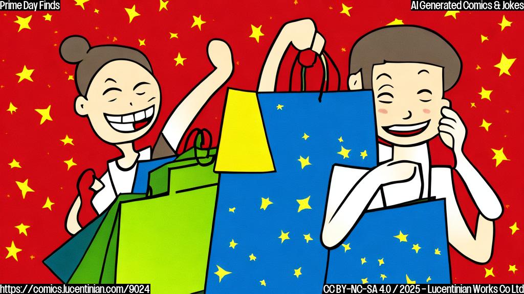 Cartoon image of a person with stars in their eyes, joyfully holding a shopping bag with a price tag that clearly shows a significant discount, against a plain light yellow background.