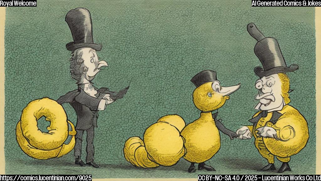 A plain color cartoon of a yellow croissant wearing a tiny top hat and monocle, bowing slightly. The background is a simple green lawn with stylized flowers.