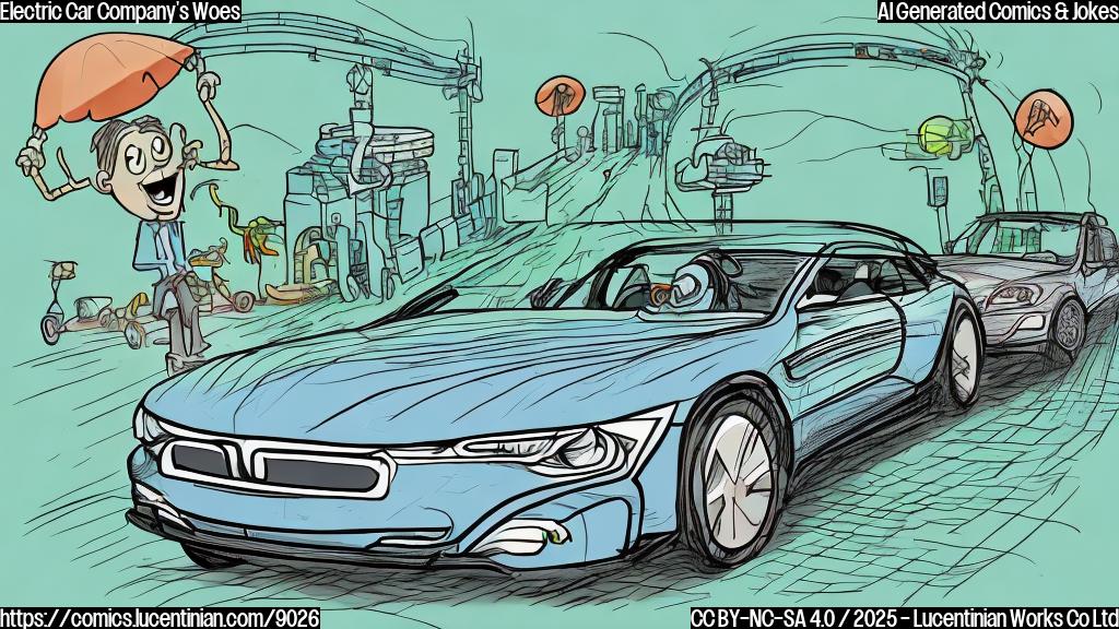 A plain color cartoon style image depicting an electric car rolling downhill with a sad face, and a graph showing a decreasing line in the background.